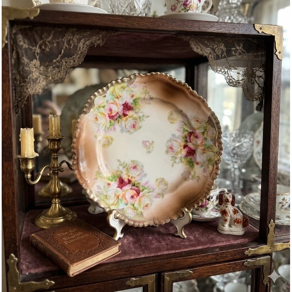 Antique Beyer & Bock Royal Rudolstadt Porcelain Rose Plate Gold Scalloped Rim